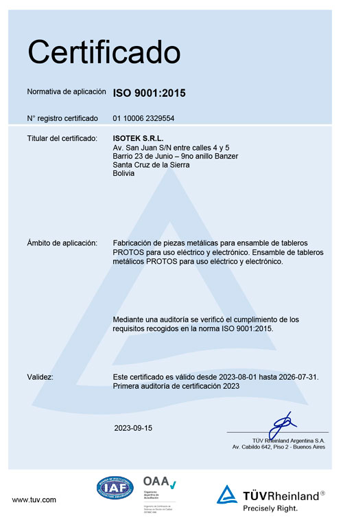 Certificado normativa de aplicación ISO 9001:2015